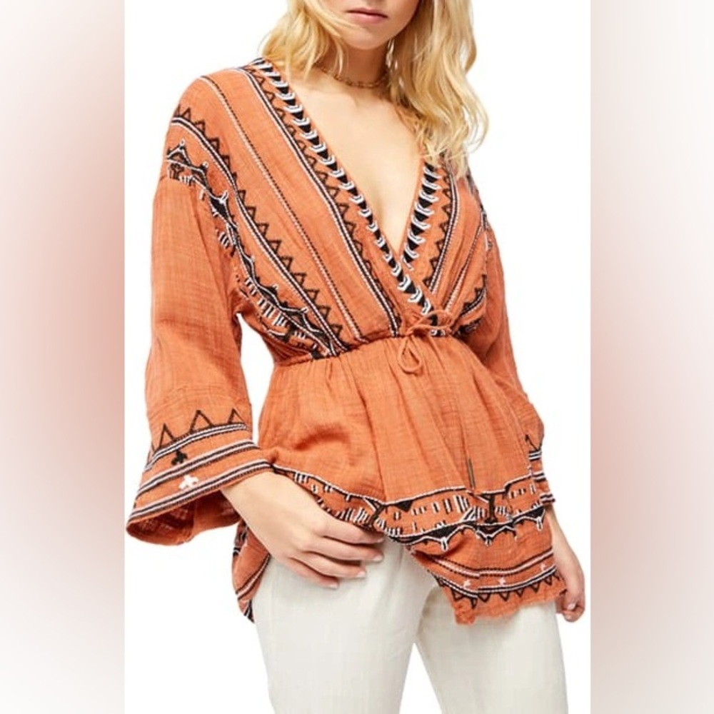 Free People Saffron Embroidered Tunic in Terracotta